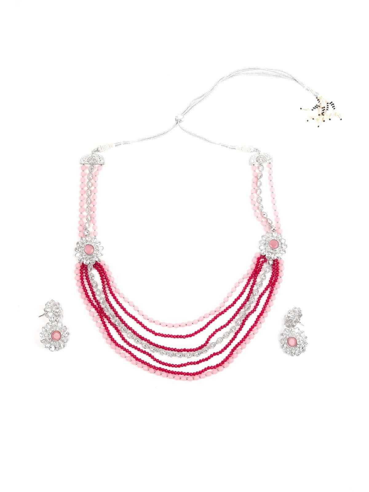 Pink&Red Multi-String Necklace Set - Rajwada