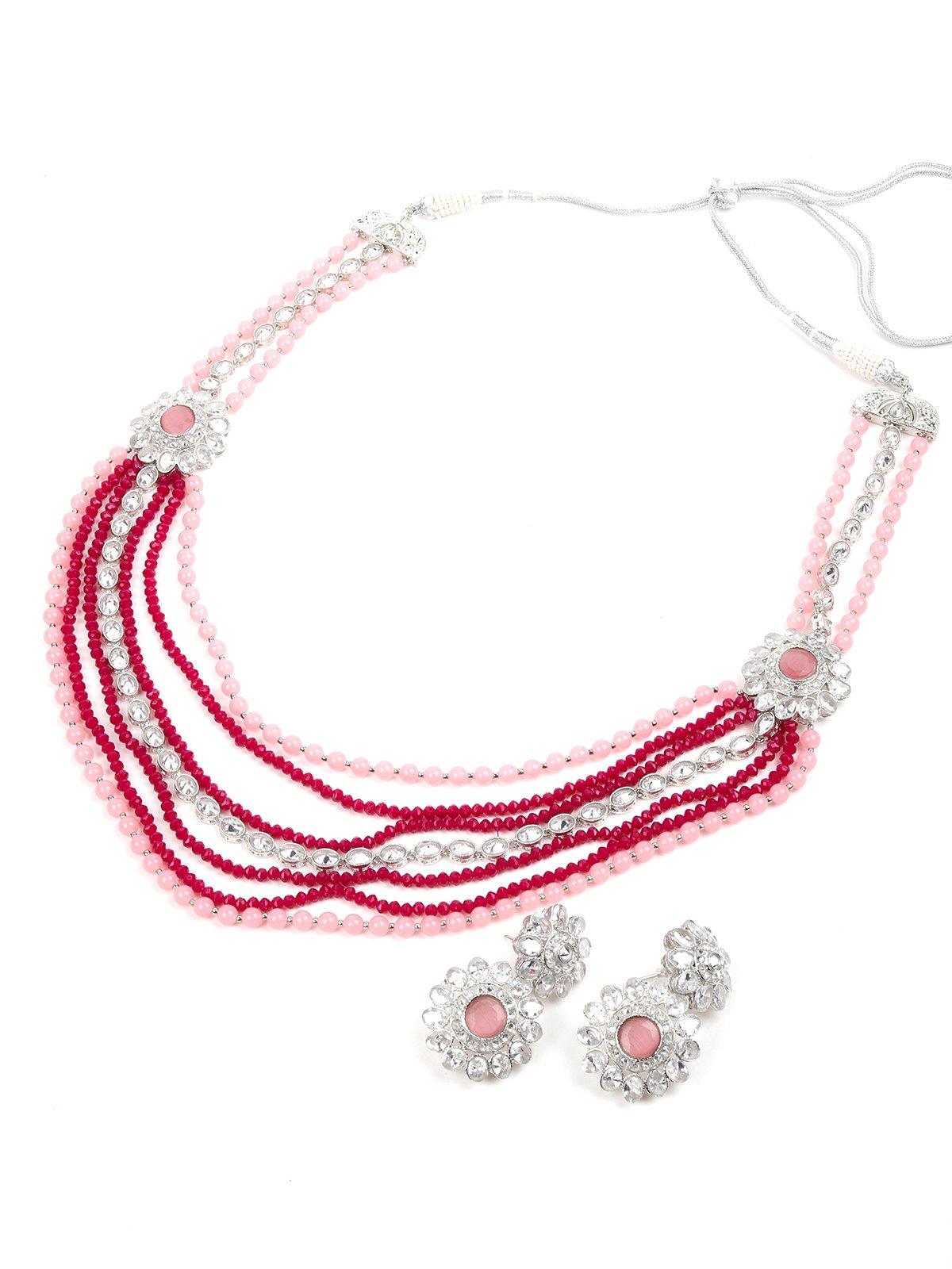 Pink&Red Multi-String Necklace Set - Rajwada