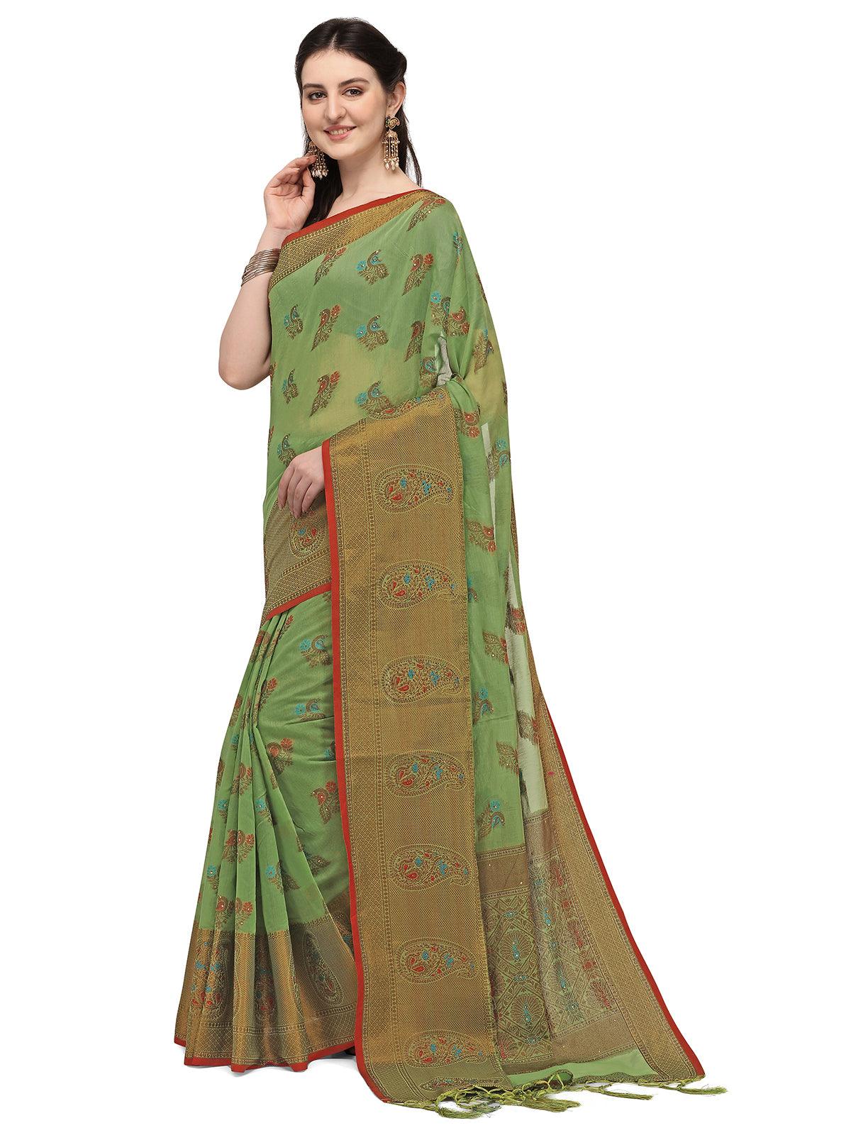Pista Colour Banarasi Silk Madhubani Work Saree - Rajwada