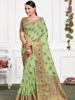 Pista Cotton Heavy Jari Wevon Designer Stone Saree - Rajwada
