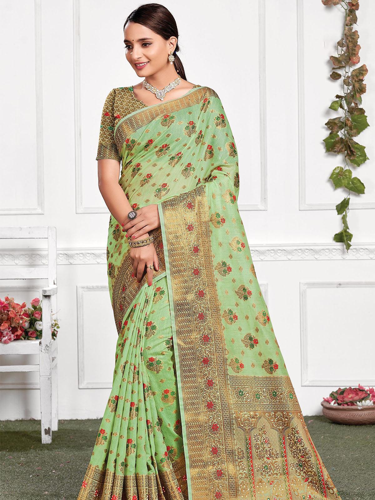 Pista Cotton Heavy Jari Wevon Designer Stone Saree - Rajwada