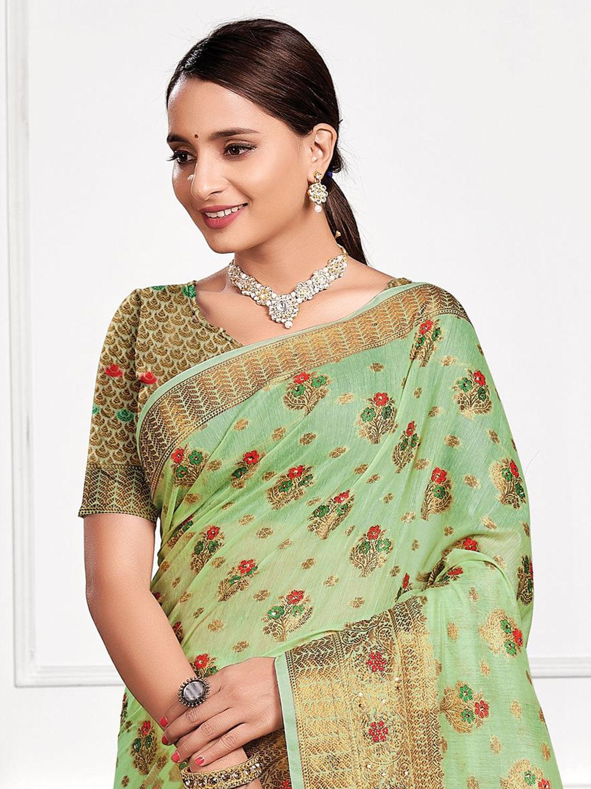 Pista Cotton Heavy Jari Wevon Designer Stone Saree - Rajwada