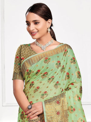 Pista Cotton Heavy Jari Wevon Designer Stone Saree - Rajwada
