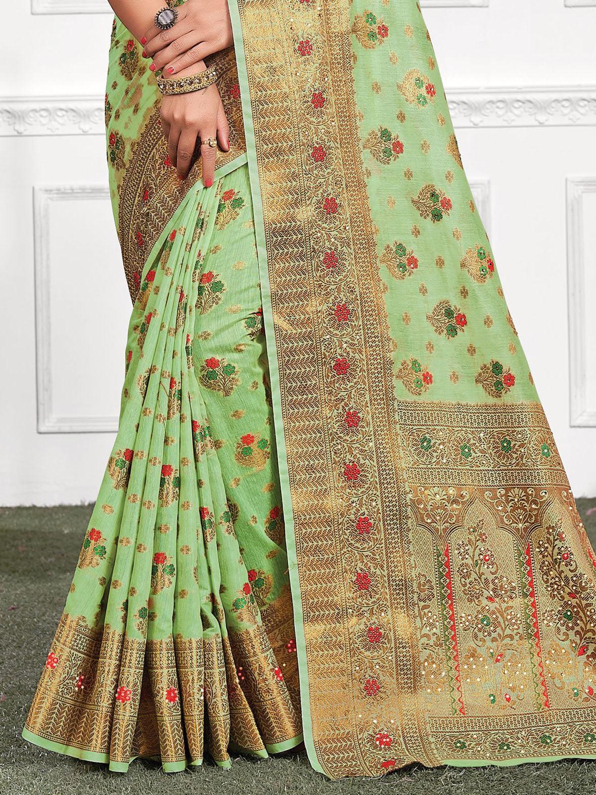 Pista Cotton Heavy Jari Wevon Designer Stone Saree - Rajwada