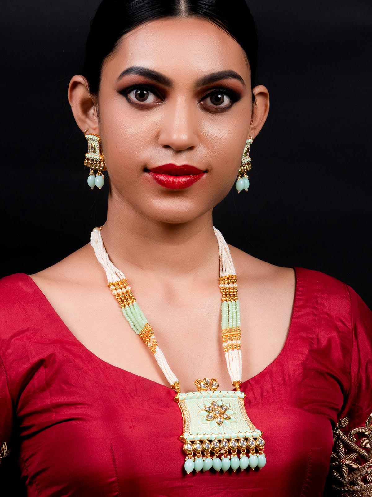 Pistachio Green Enamelled Long Multistring Onyx-Pearl Necklace Set - Rajwada