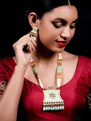 Pistachio Green Enamelled Long Multistring Onyx-Pearl Necklace Set - Rajwada