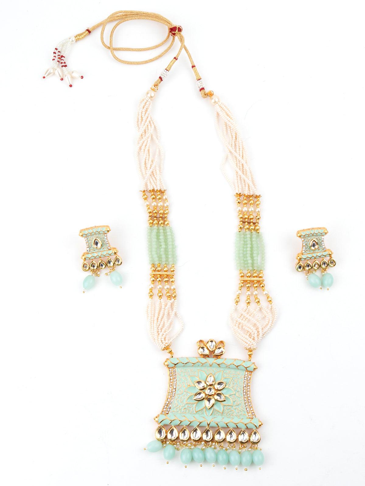 Pistachio Green Enamelled Long Multistring Onyx-Pearl Necklace Set - Rajwada