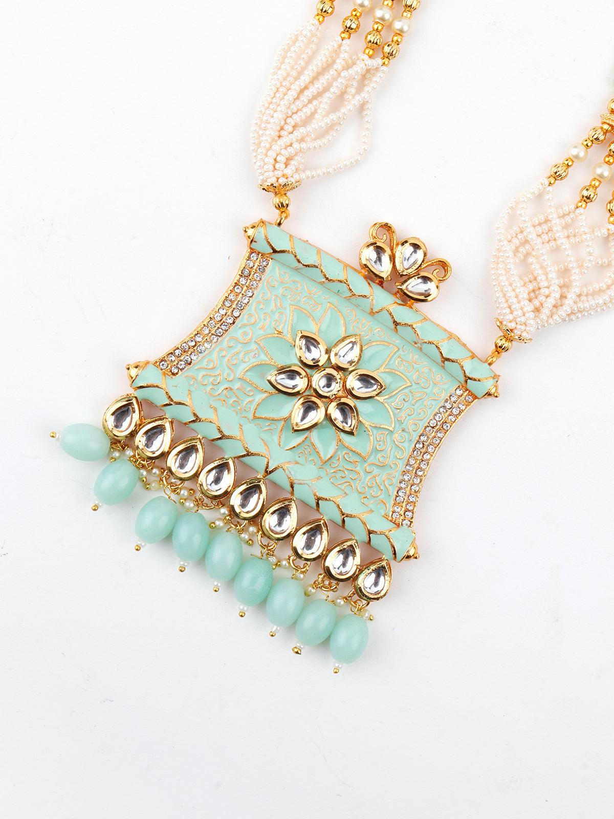 Pistachio Green Enamelled Long Multistring Onyx-Pearl Necklace Set - Rajwada