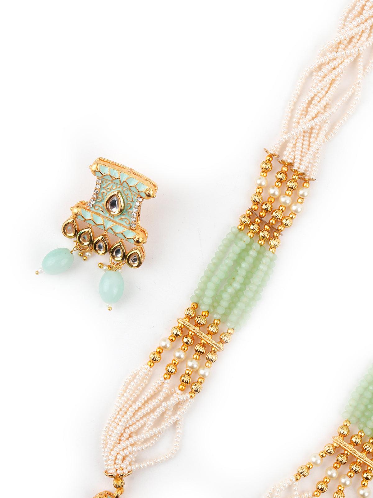 Pistachio Green Enamelled Long Multistring Onyx-Pearl Necklace Set - Rajwada