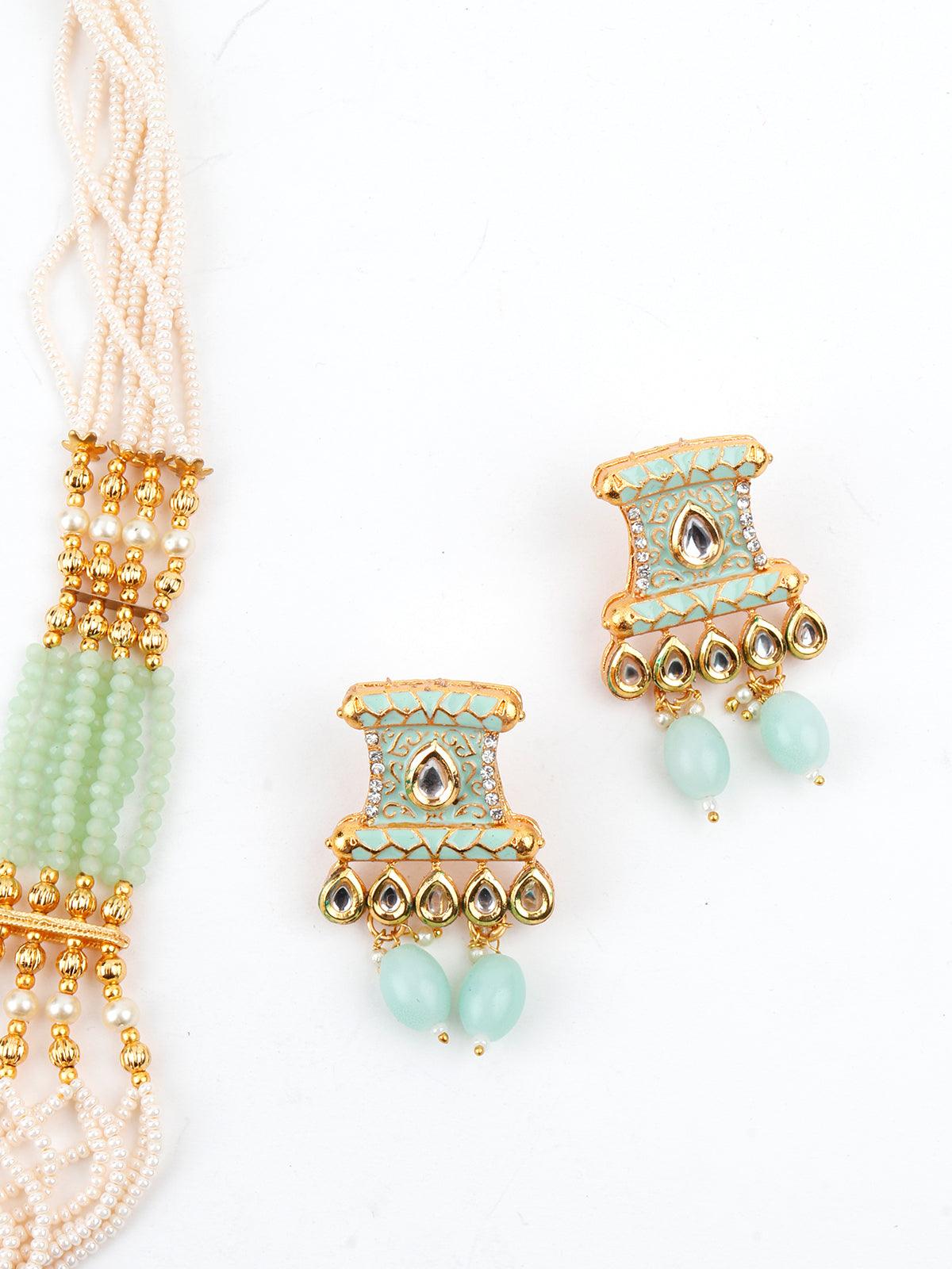Pistachio Green Enamelled Long Multistring Onyx-Pearl Necklace Set - Rajwada