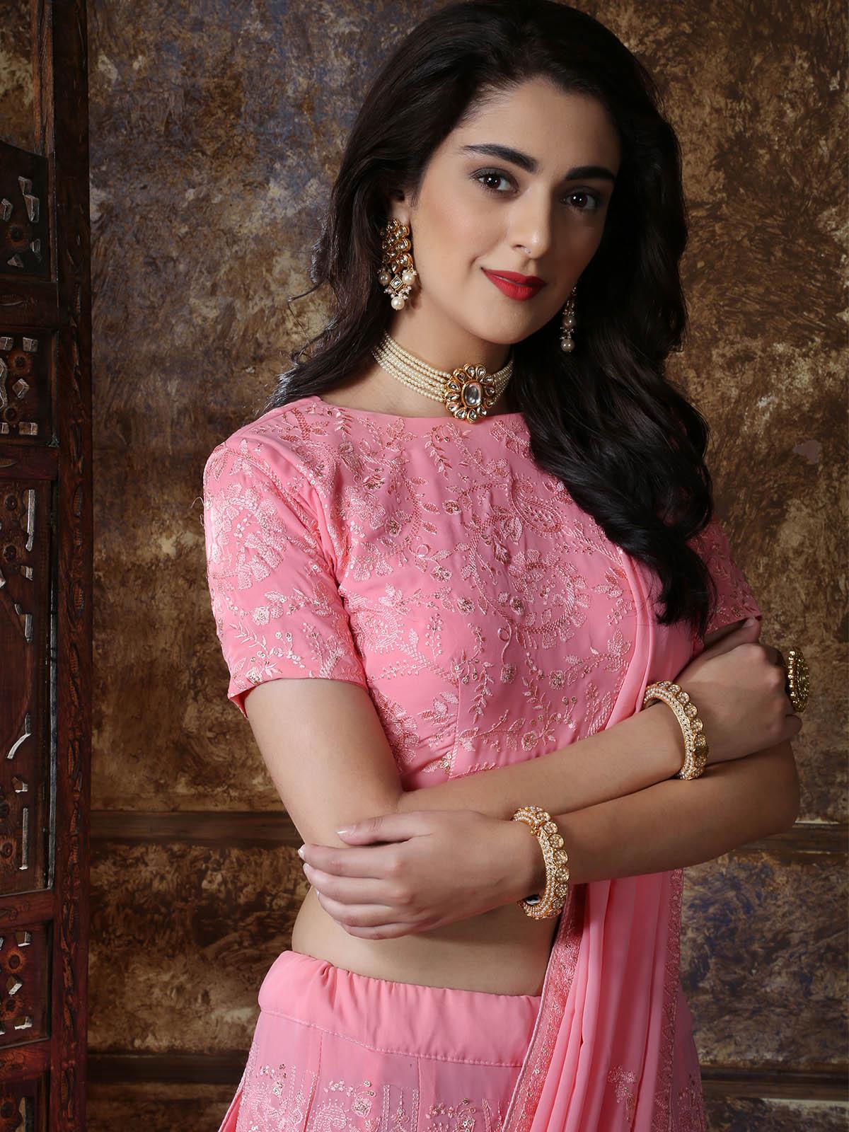 Pretty Dusty Pink Georgette Lehenga Choli Set - Rajwada