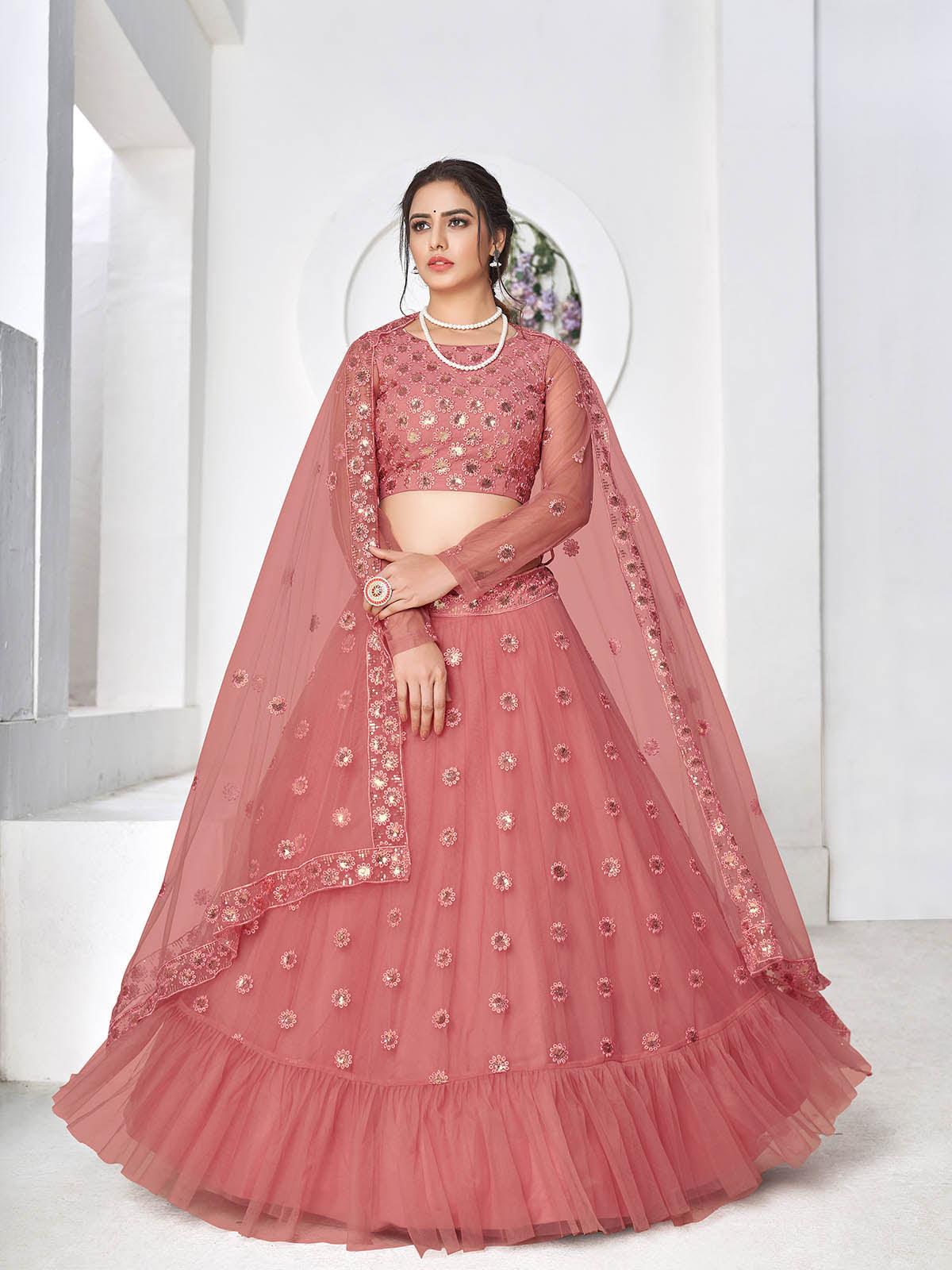 Pretty Dusty Pink Net Lehenga Set - Rajwada
