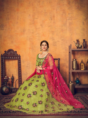 Pretty Florescent Green Net Lehenga Set - Rajwada