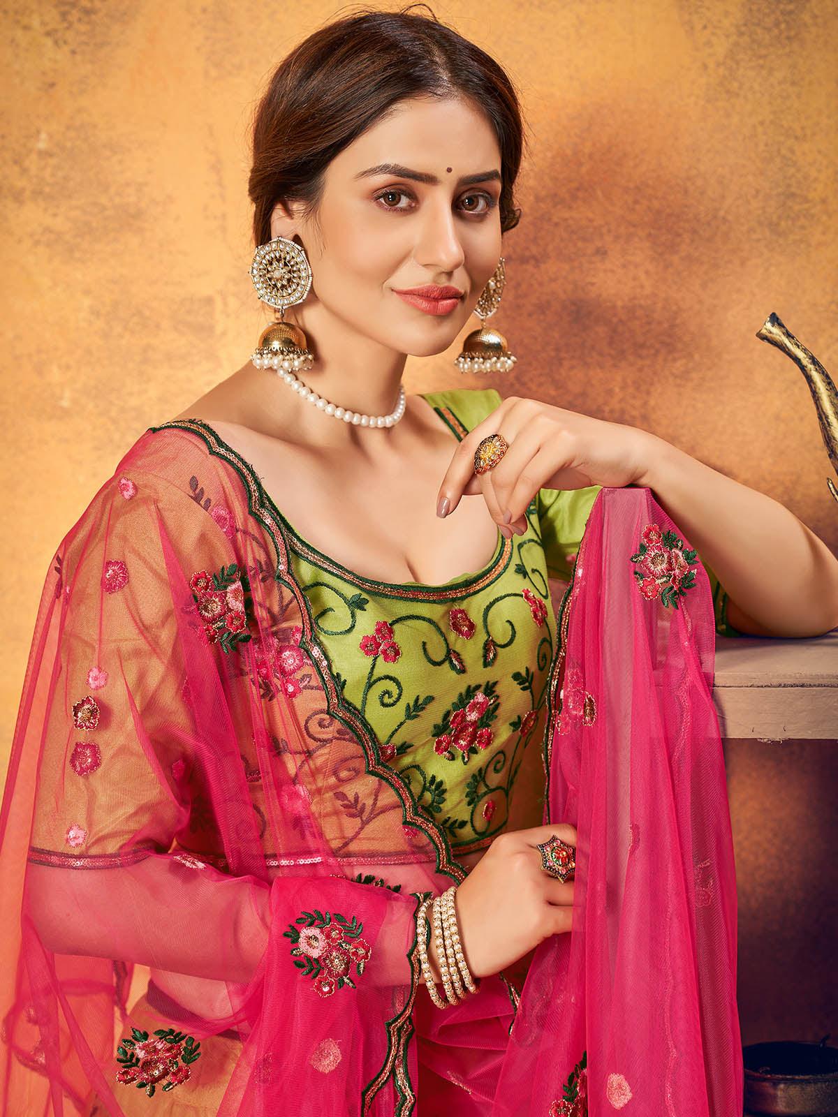 Pretty Florescent Green Net Lehenga Set - Rajwada