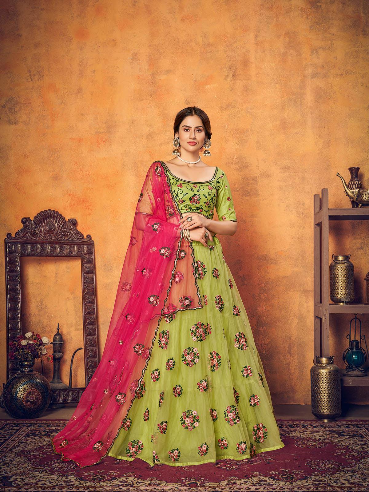 Pretty Florescent Green Net Lehenga Set - Rajwada