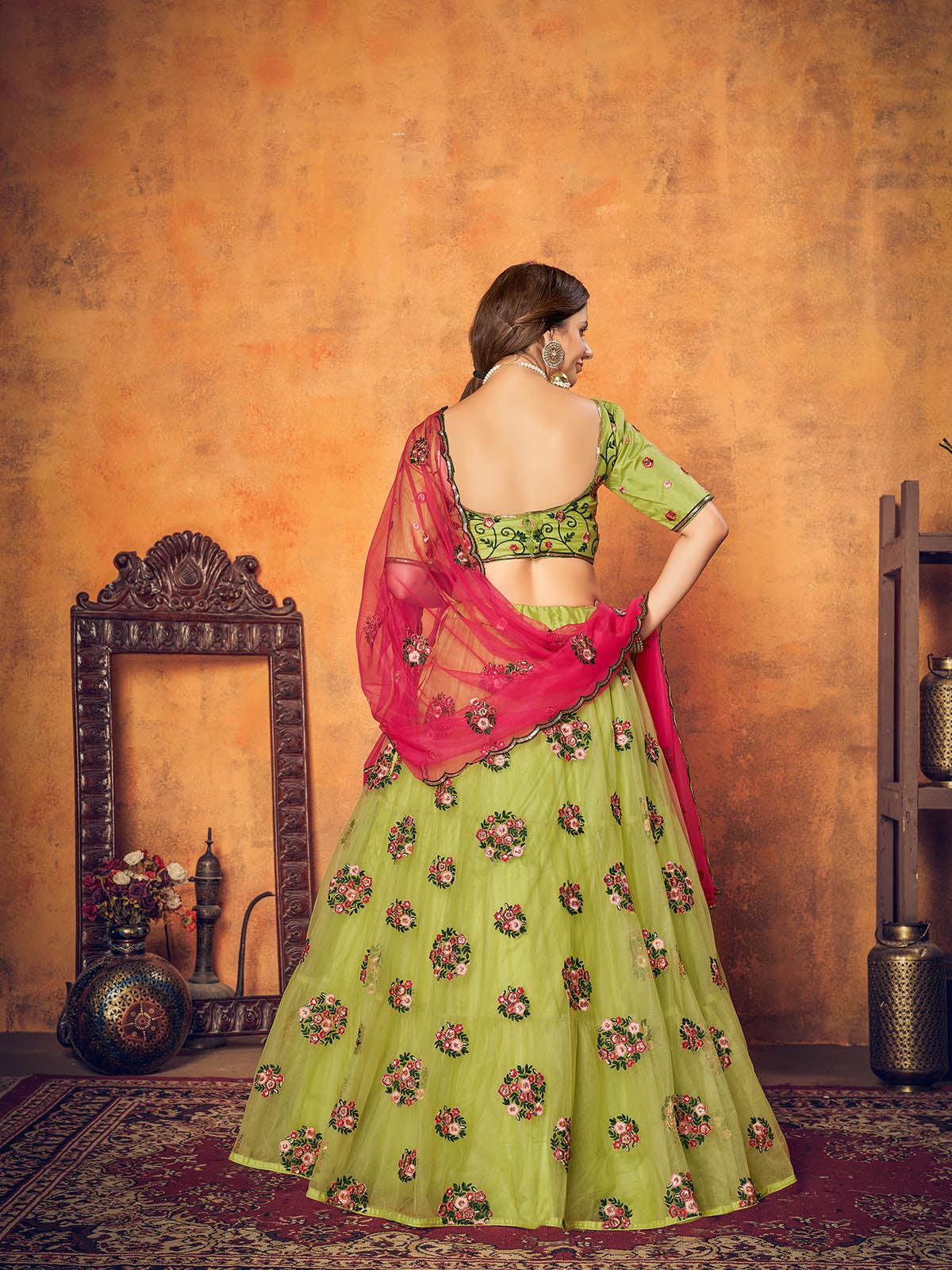 Pretty Florescent Green Net Lehenga Set - Rajwada