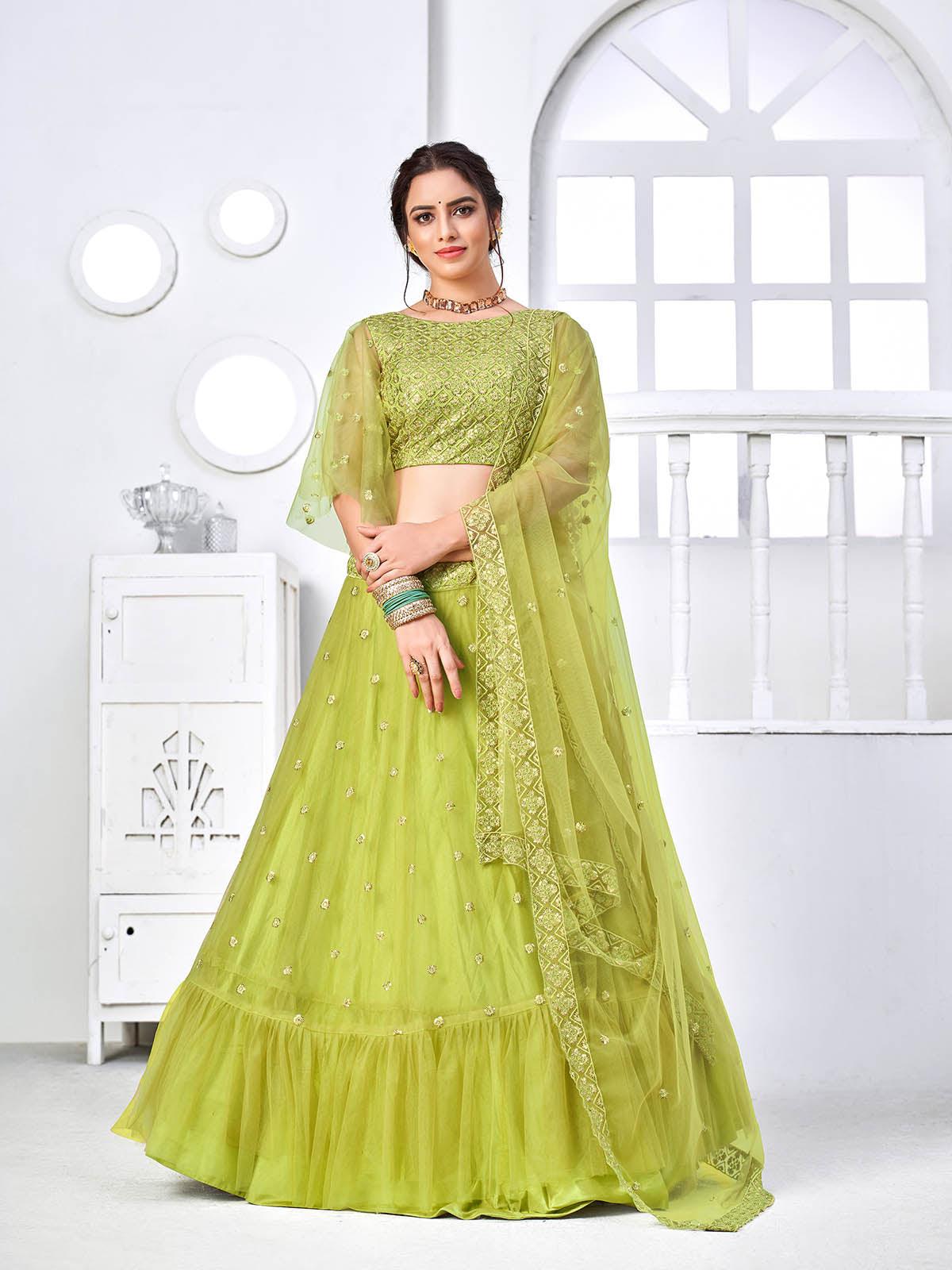 Pretty Fluorescent Green Net Lehenga Set - Rajwada