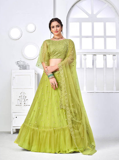 Pretty Fluorescent Green Net Lehenga Set - Rajwada