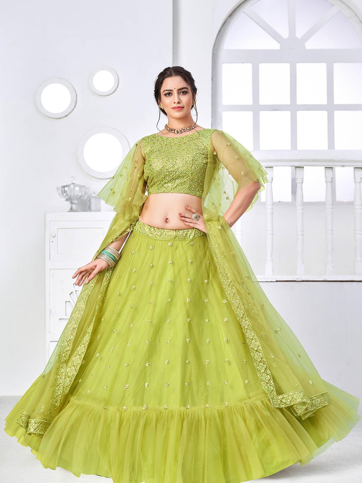 Pretty Fluorescent Green Net Lehenga Set - Rajwada