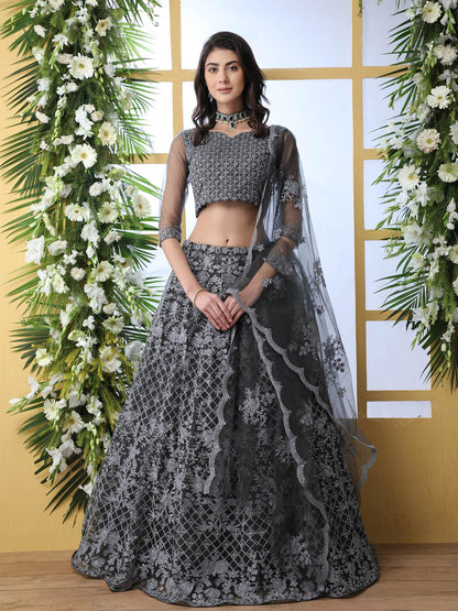 Pretty Grey Net Lehenga Choli Set - Rajwada
