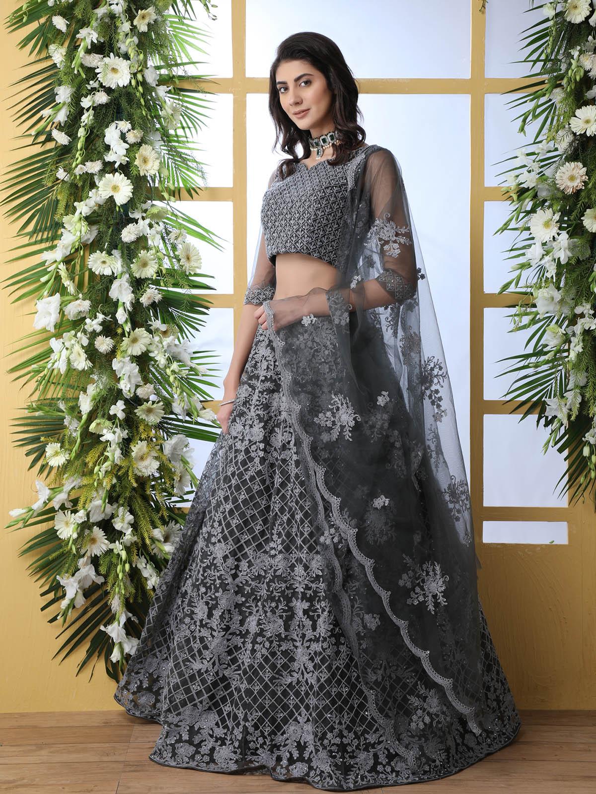Pretty Grey Net Lehenga Choli Set - Rajwada