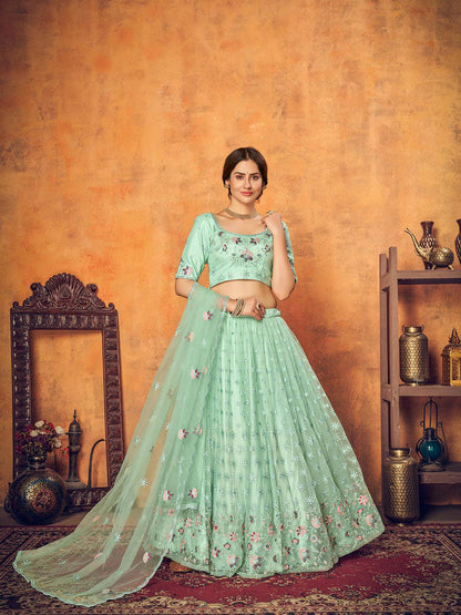 Pretty Mint Green Net Lehenga Set - Rajwada