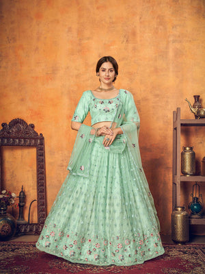Pretty Mint Green Net Lehenga Set - Rajwada