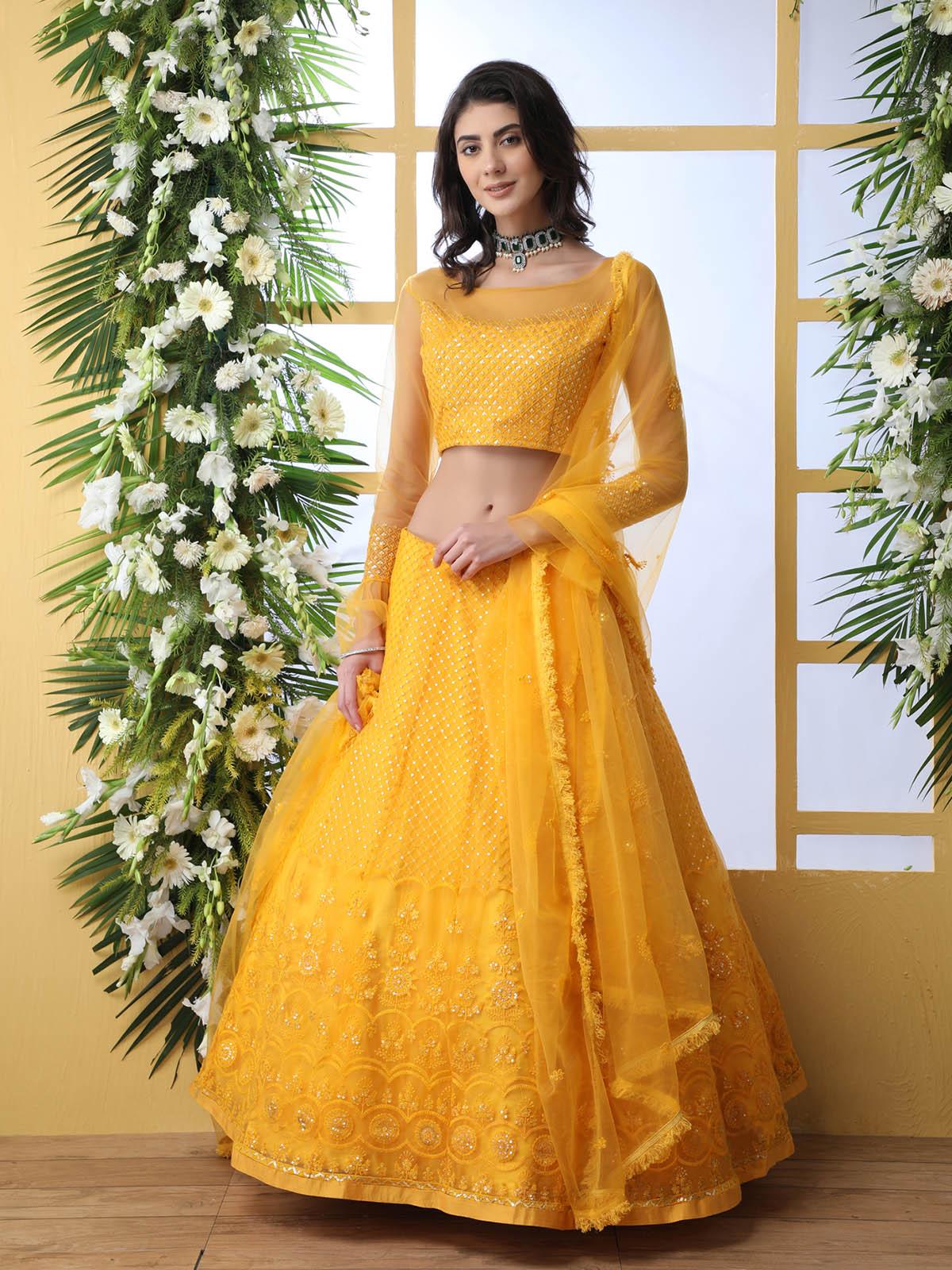 Pretty Mustard Yellow Net Lehenga Choli Set - Rajwada