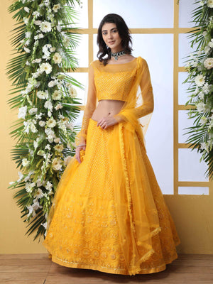 Pretty Mustard Yellow Net Lehenga Choli Set - Rajwada