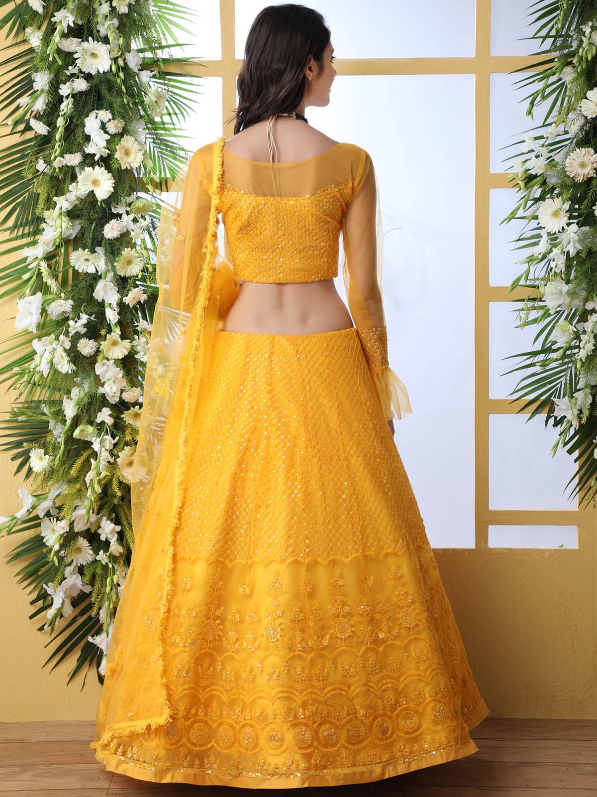 Pretty Mustard Yellow Net Lehenga Choli Set - Rajwada