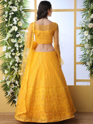 Pretty Mustard Yellow Net Lehenga Choli Set - Rajwada