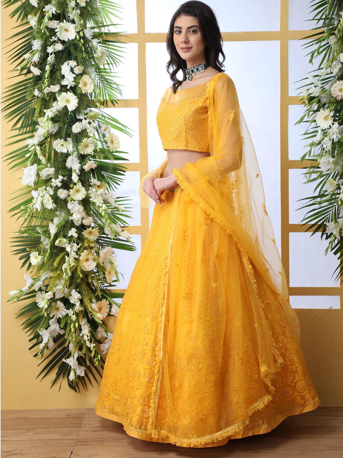 Pretty Mustard Yellow Net Lehenga Choli Set - Rajwada