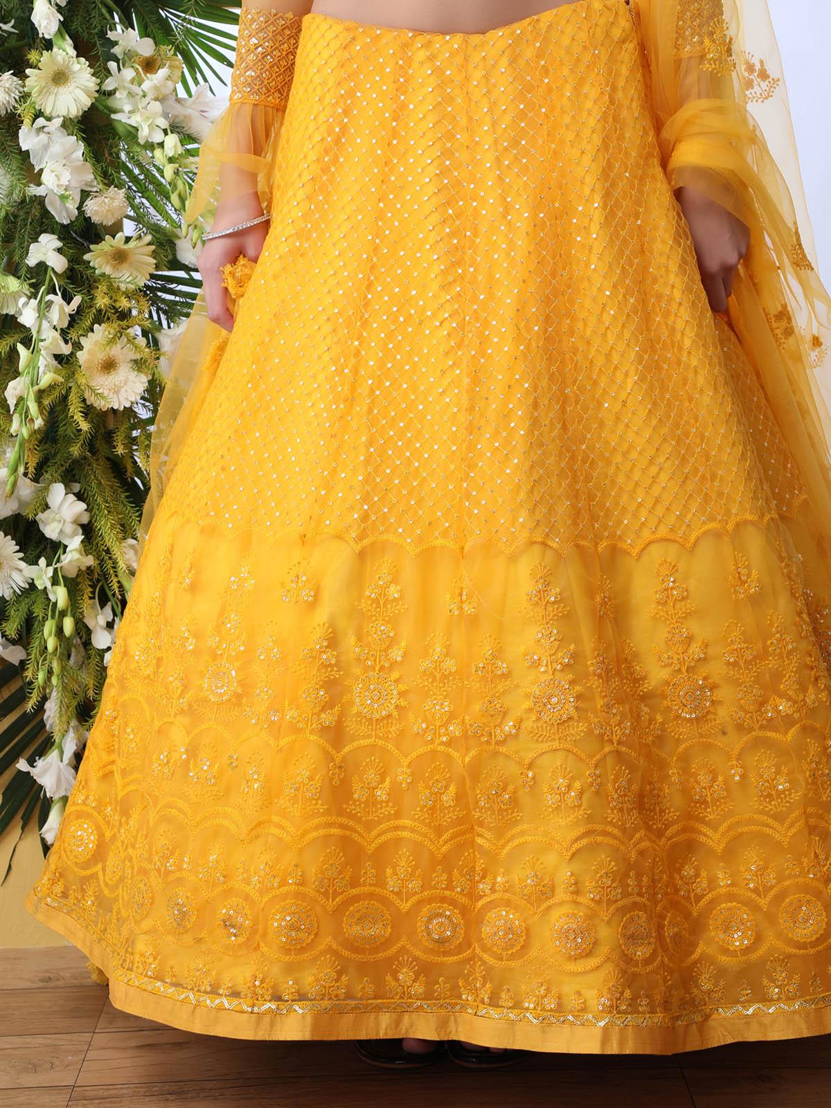 Pretty Mustard Yellow Net Lehenga Choli Set - Rajwada