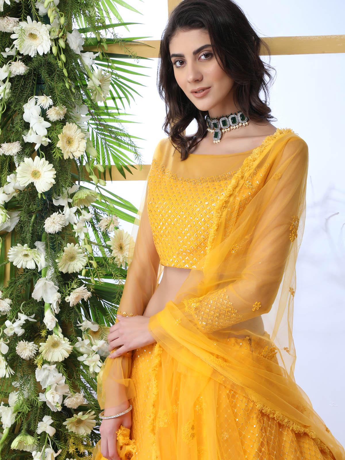 Pretty Mustard Yellow Net Lehenga Choli Set - Rajwada
