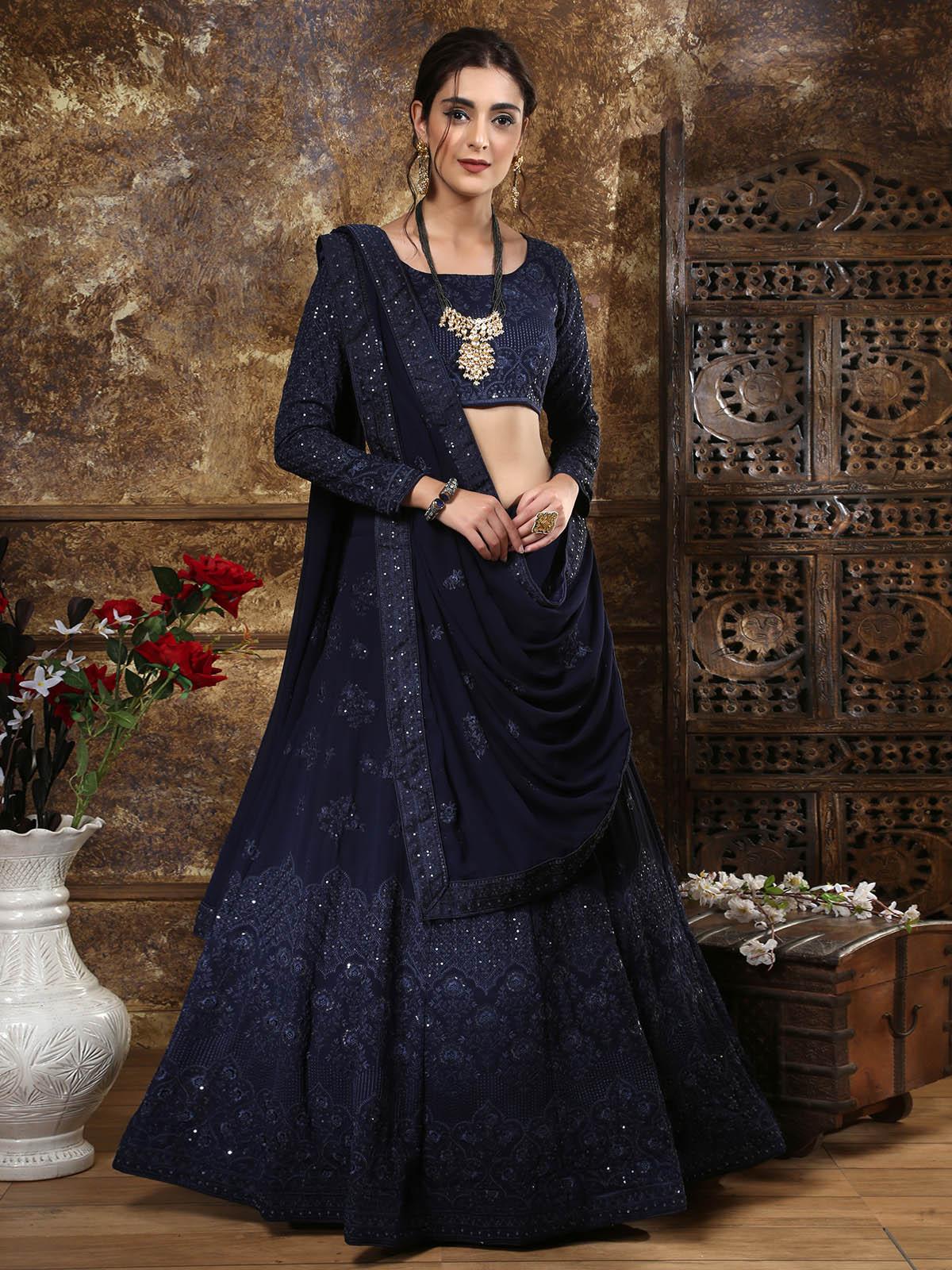 Pretty Navy Blue Georgette Lehenga Choli Set - Rajwada