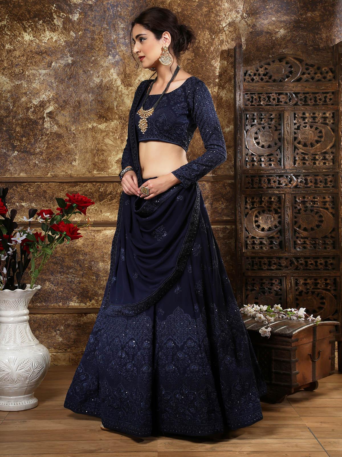 Pretty Navy Blue Georgette Lehenga Choli Set - Rajwada