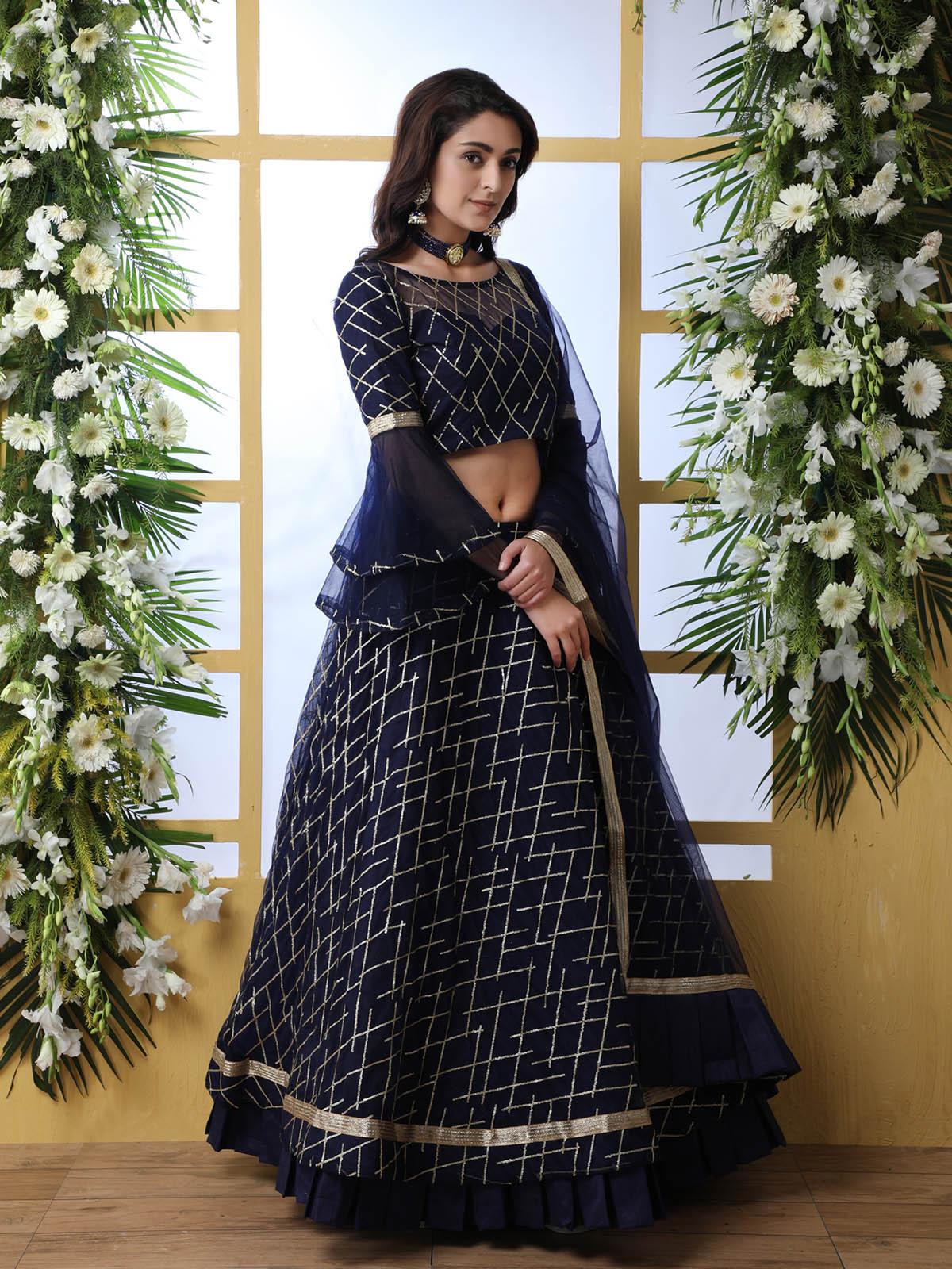 Pretty Navy Blue Net Lehenga Choli Set - Rajwada