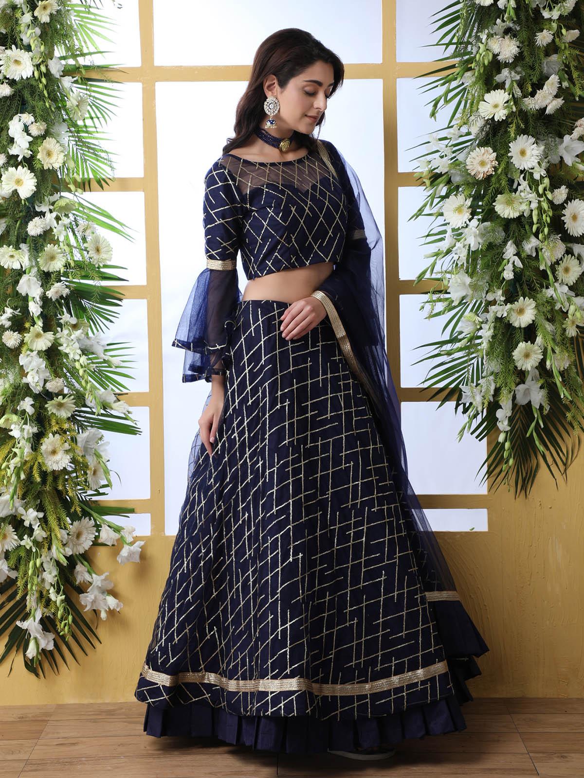 Pretty Navy Blue Net Lehenga Choli Set - Rajwada