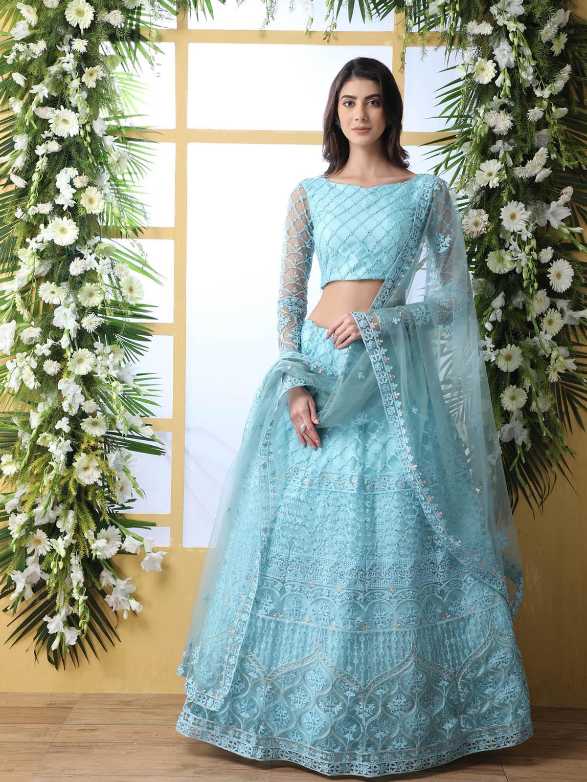 Pretty Sky Blue Net Lehenga Choli Set - Rajwada