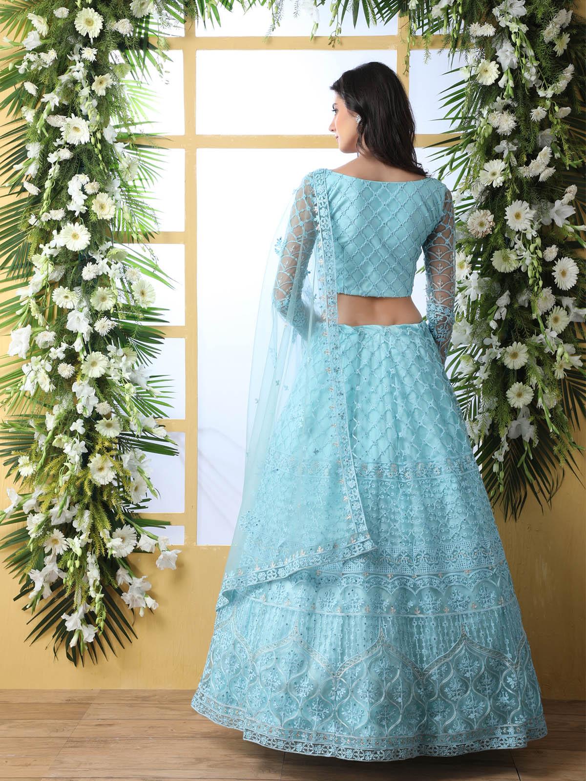 Pretty Sky Blue Net Lehenga Choli Set - Rajwada