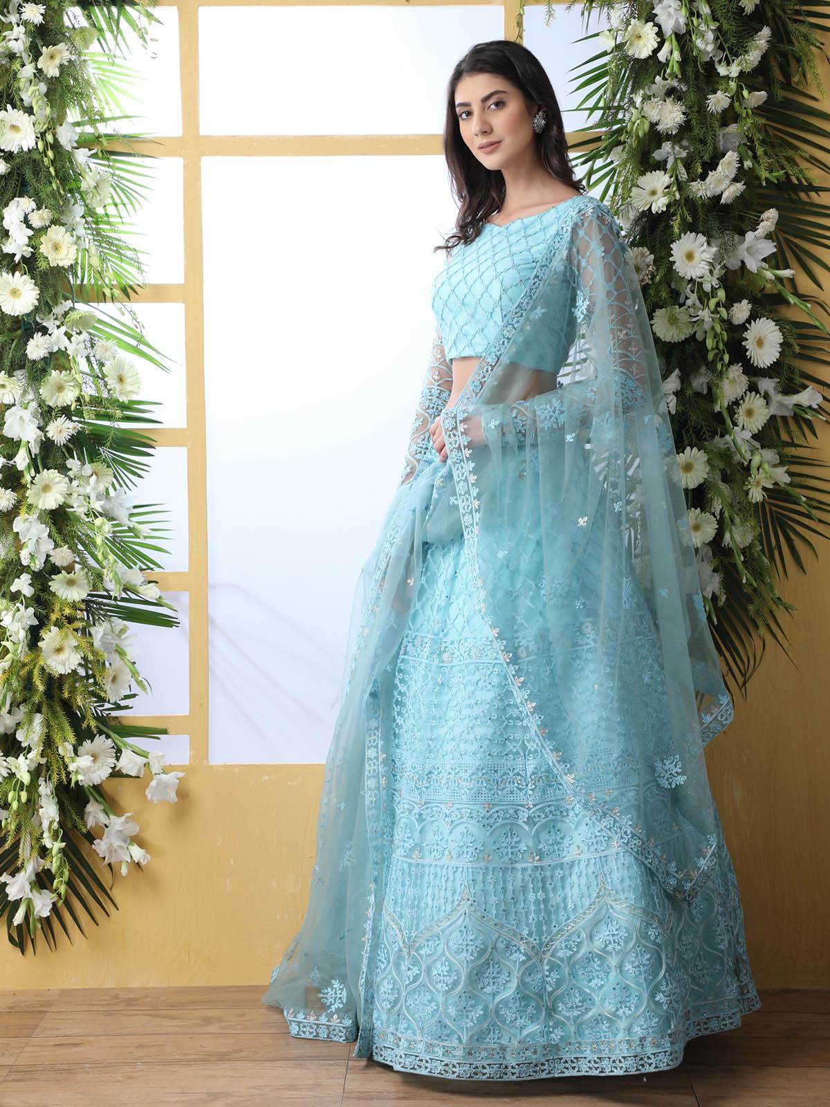 Pretty Sky Blue Net Lehenga Choli Set - Rajwada