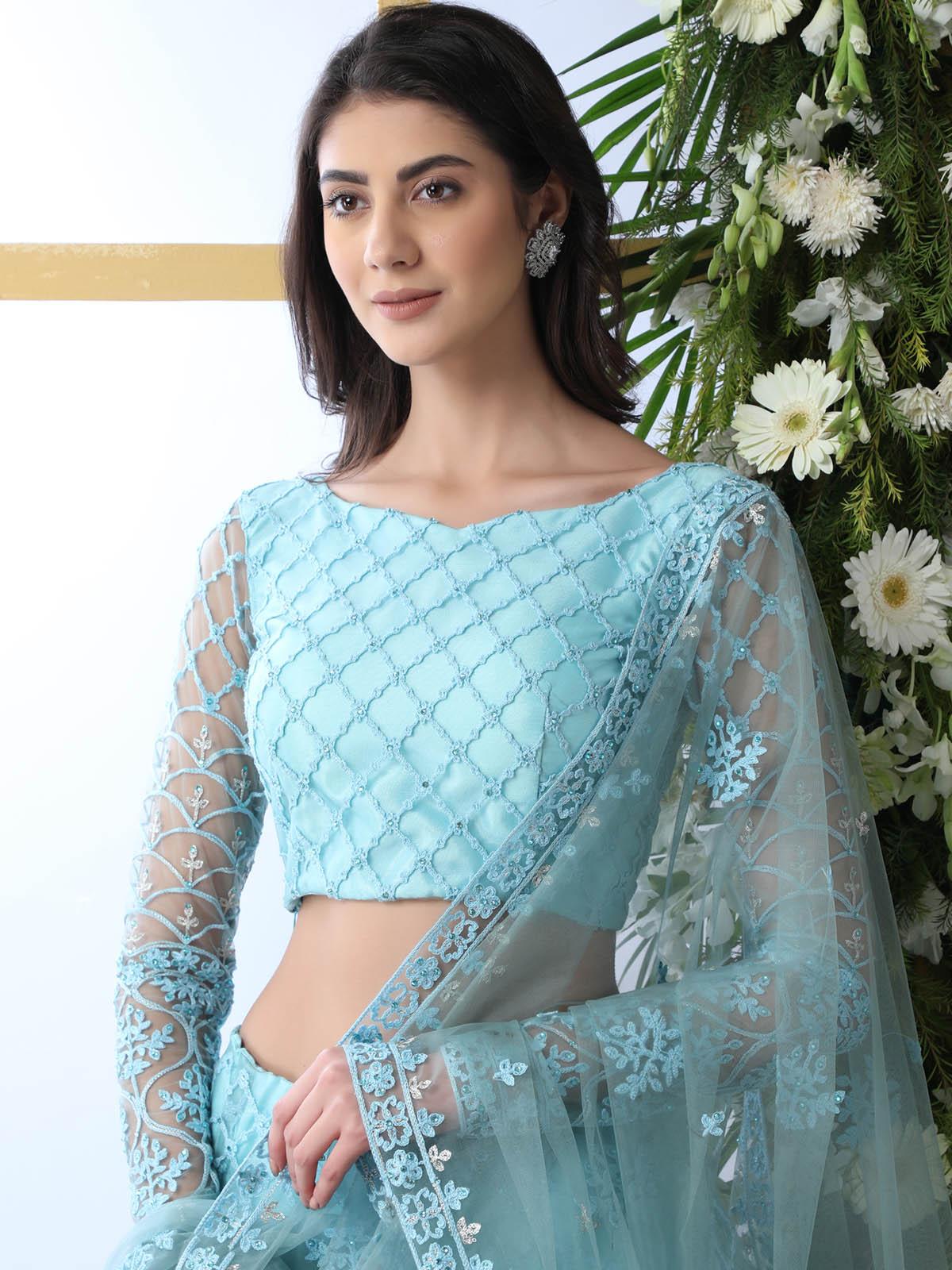 Pretty Sky Blue Net Lehenga Choli Set - Rajwada