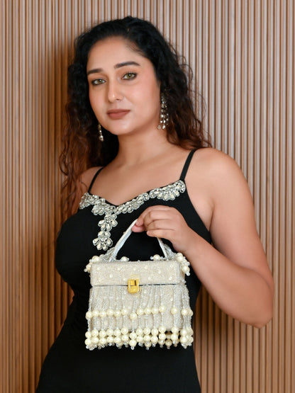 Rajwada Silver Suede Embellished Clutch For Women