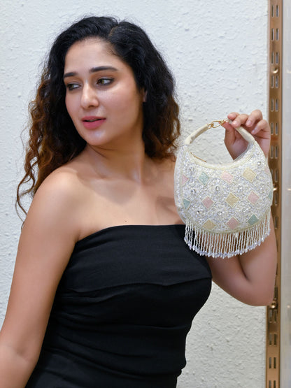 Rajwada Off White Suede Embellished Clutch For Women