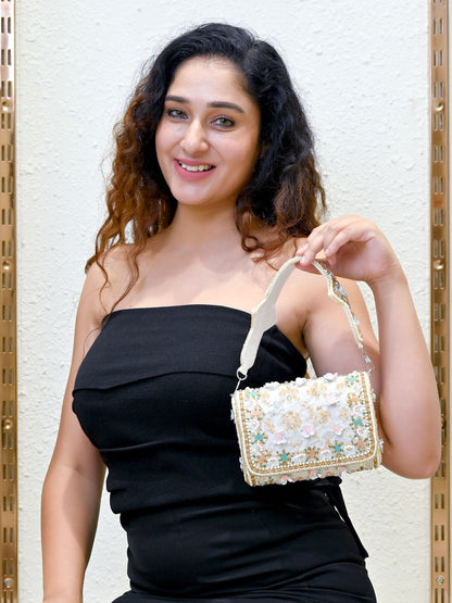 Rajwada White Suede Embellished Clutch For Women