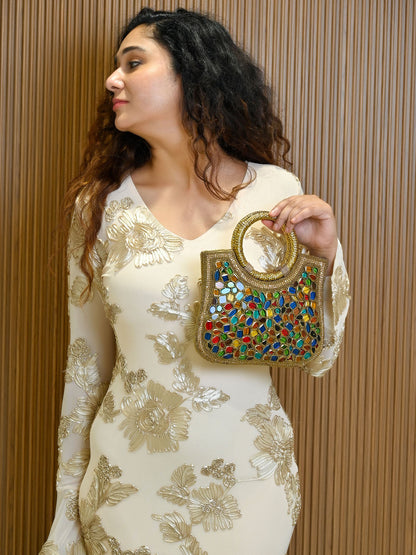 Rajwada Golden Jute Embellished Clutch For Women
