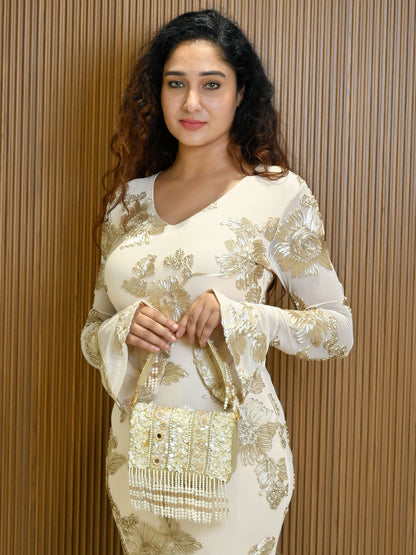 Rajwada Off White Jute Embellished Clutch For Women
