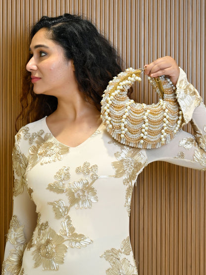 Rajwada Dark Beige Suede Embellished Clutch For Women