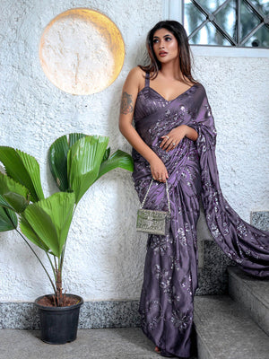 Rajwada Women Purple Sequin Saree With Unstitched Blouse
