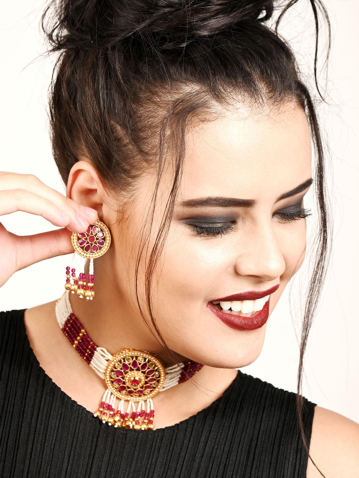 Ravishing White And Maroon Choker Necklace Set - Rajwada